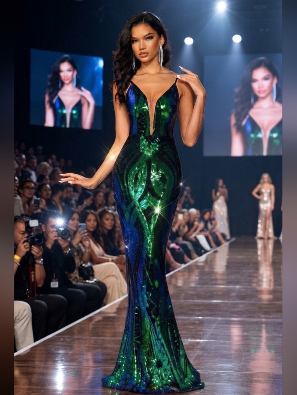 Sequin Mermaid Gown in Emerald & Navy